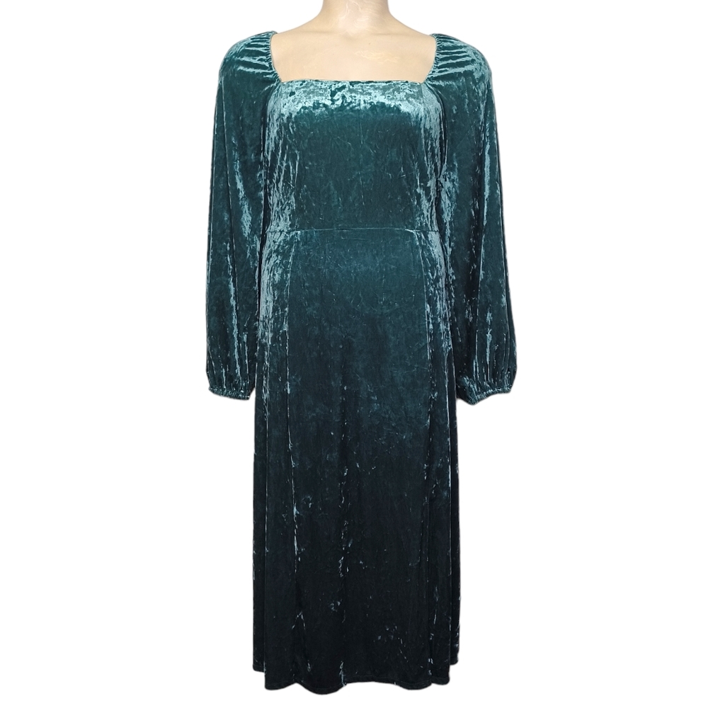 AVA & VIV Green Crushed Velvet Long Sleeve Stretchy Midi Slit Dress 1X NWT